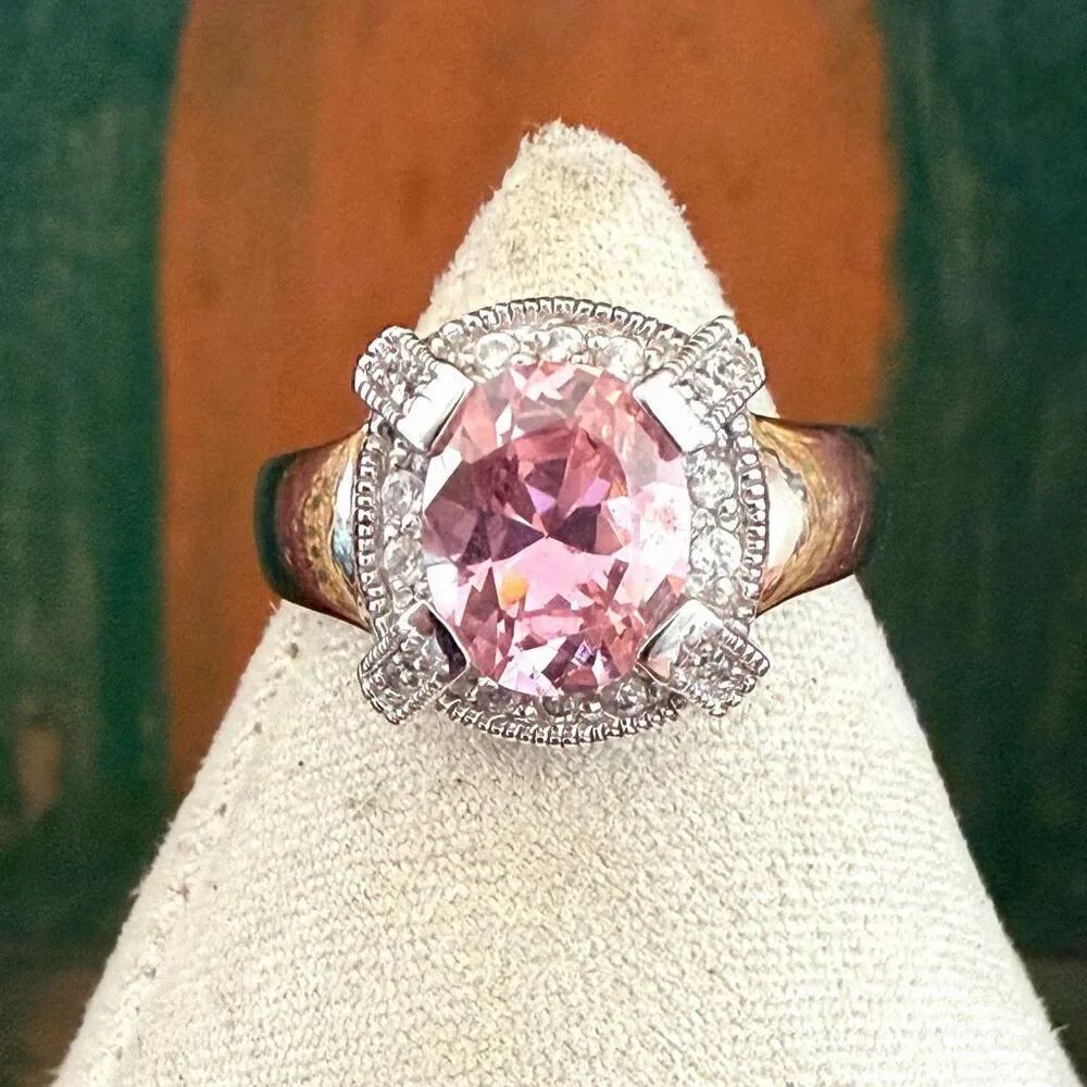 Sterling Silver RP 925 Pink Statement Ring Halo Setting